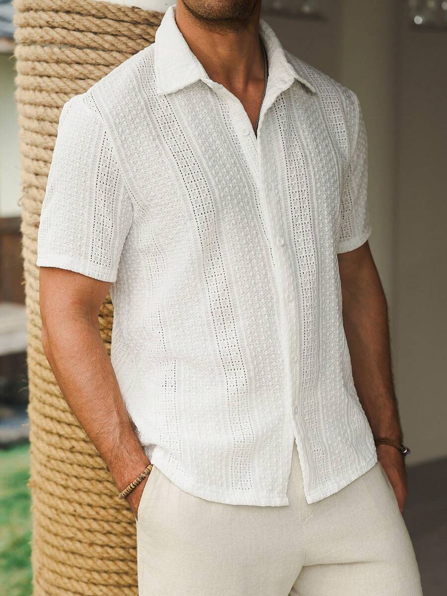 Mens Short Sleeve Button-Down Shirt Polyester Blend Regular Fit – Faldon
