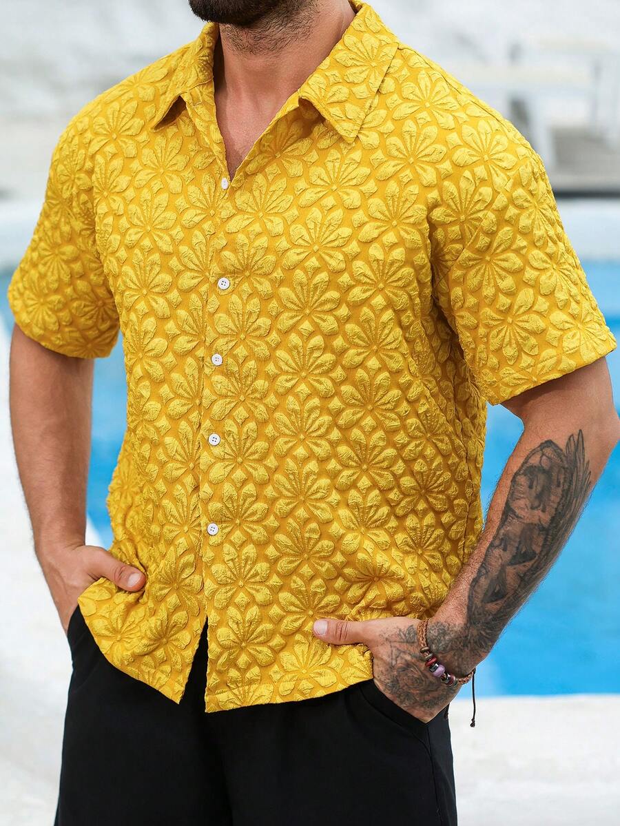 Mens Short Sleeve Crochet Shirt Jacquard Stripe Loose Fit – Darco