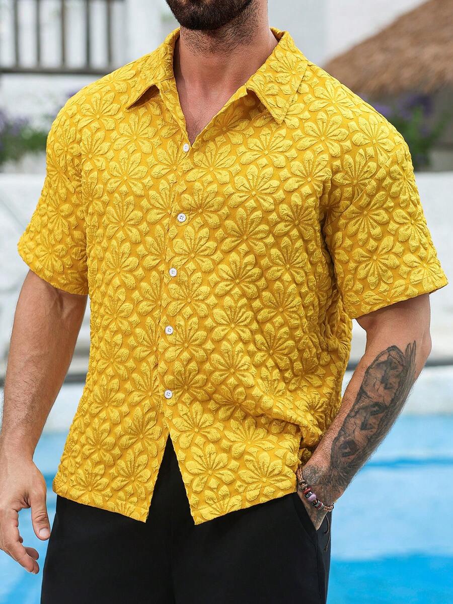 Mens Short Sleeve Crochet Shirt Jacquard Stripe Loose Fit – Darco