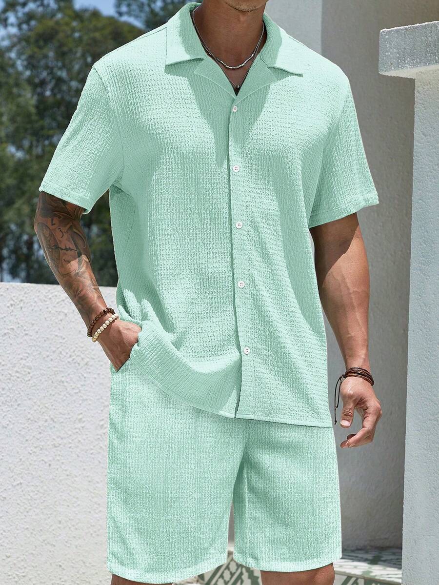 Mens Pant and Shirt Set Jacquard Short Sleeve Button-Up – Vornel