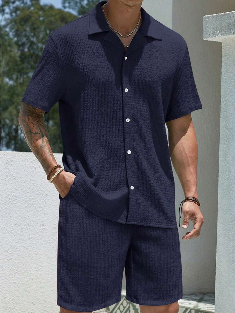Mens Pant and Shirt Set Jacquard Short Sleeve Button-Up – Vornel