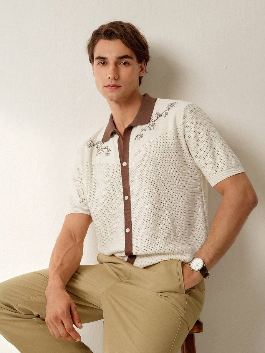Mens Short Sleeve Crochet Knit Shirt Stripe Button Front – Vanto