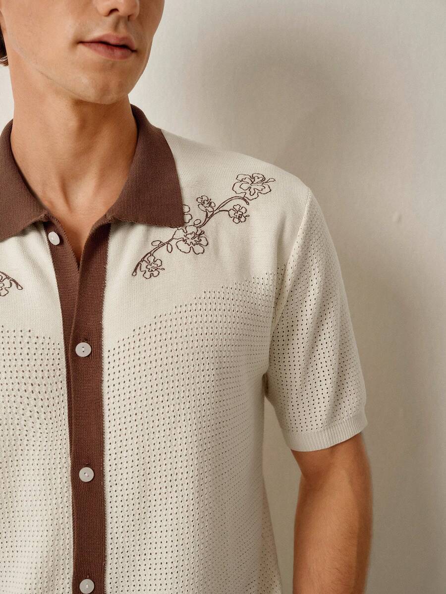Mens Short Sleeve Crochet Knit Shirt Stripe Button Front – Vanto