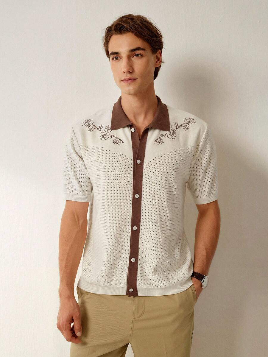 Mens Short Sleeve Crochet Knit Shirt Stripe Button Front – Vanto