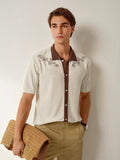 Mens Short Sleeve Crochet Knit Shirt Stripe Button Front – Vanto