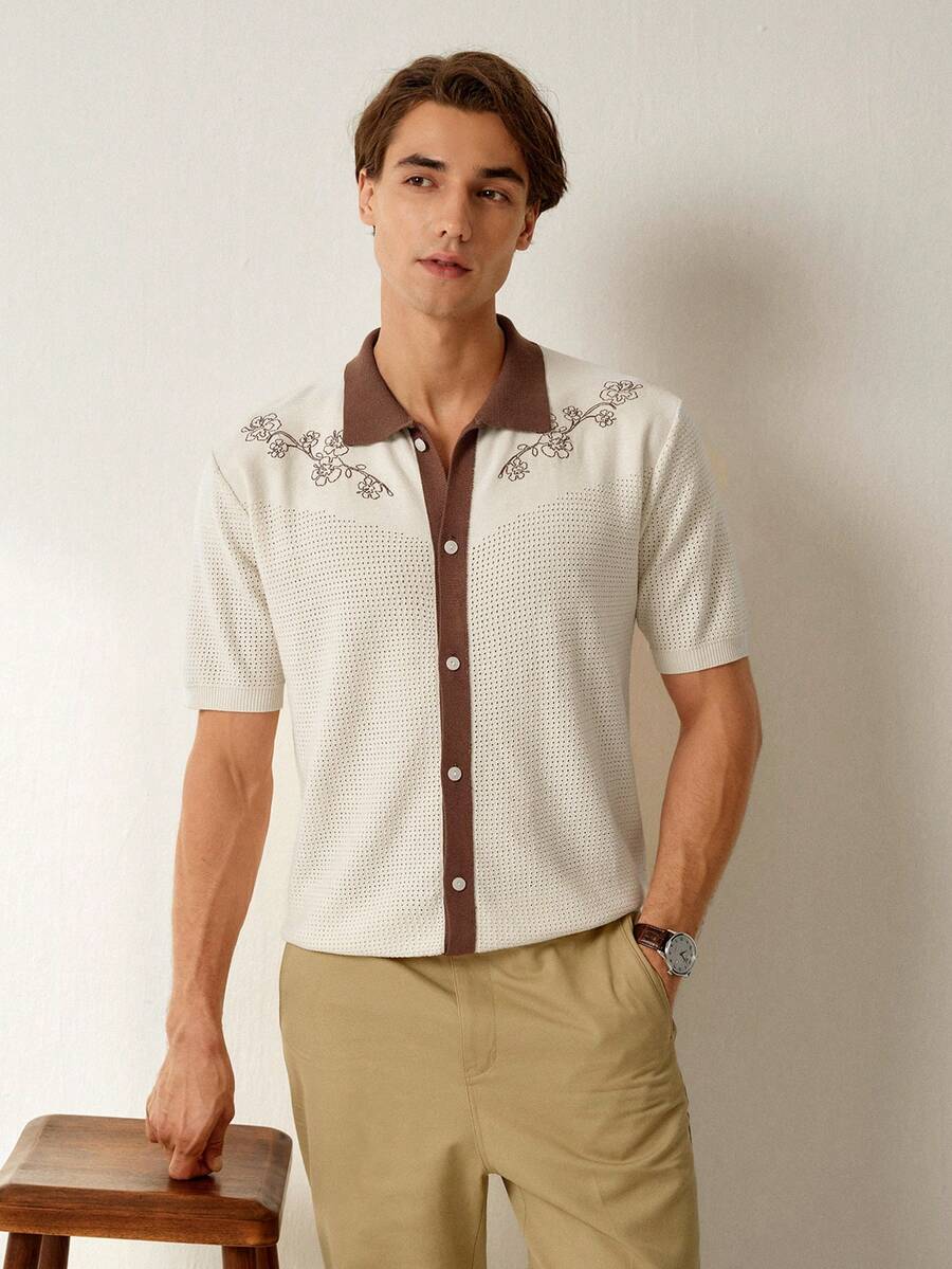 Mens Short Sleeve Crochet Knit Shirt Stripe Button Front – Vanto