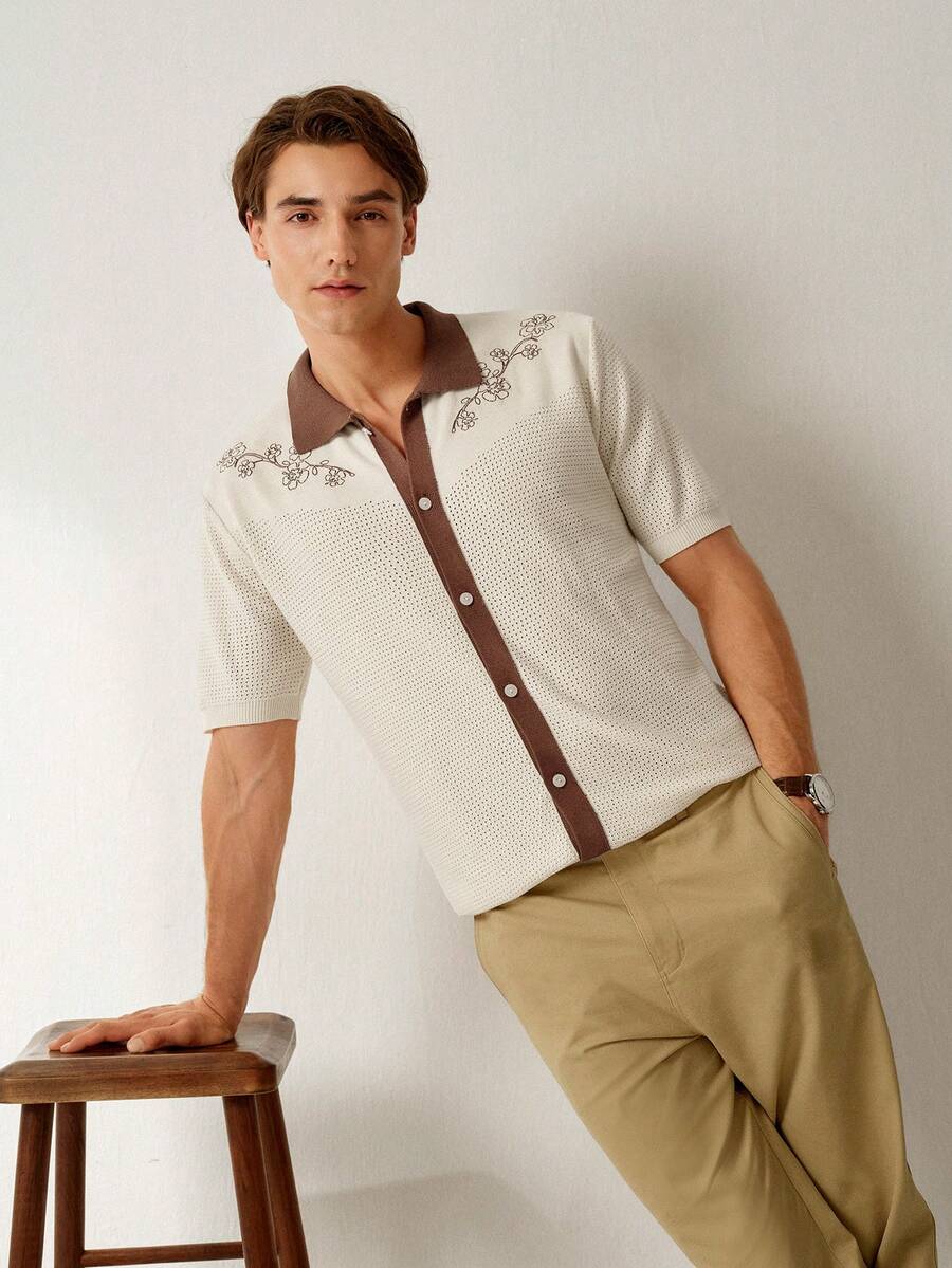 Mens Short Sleeve Crochet Knit Shirt Stripe Button Front – Vanto