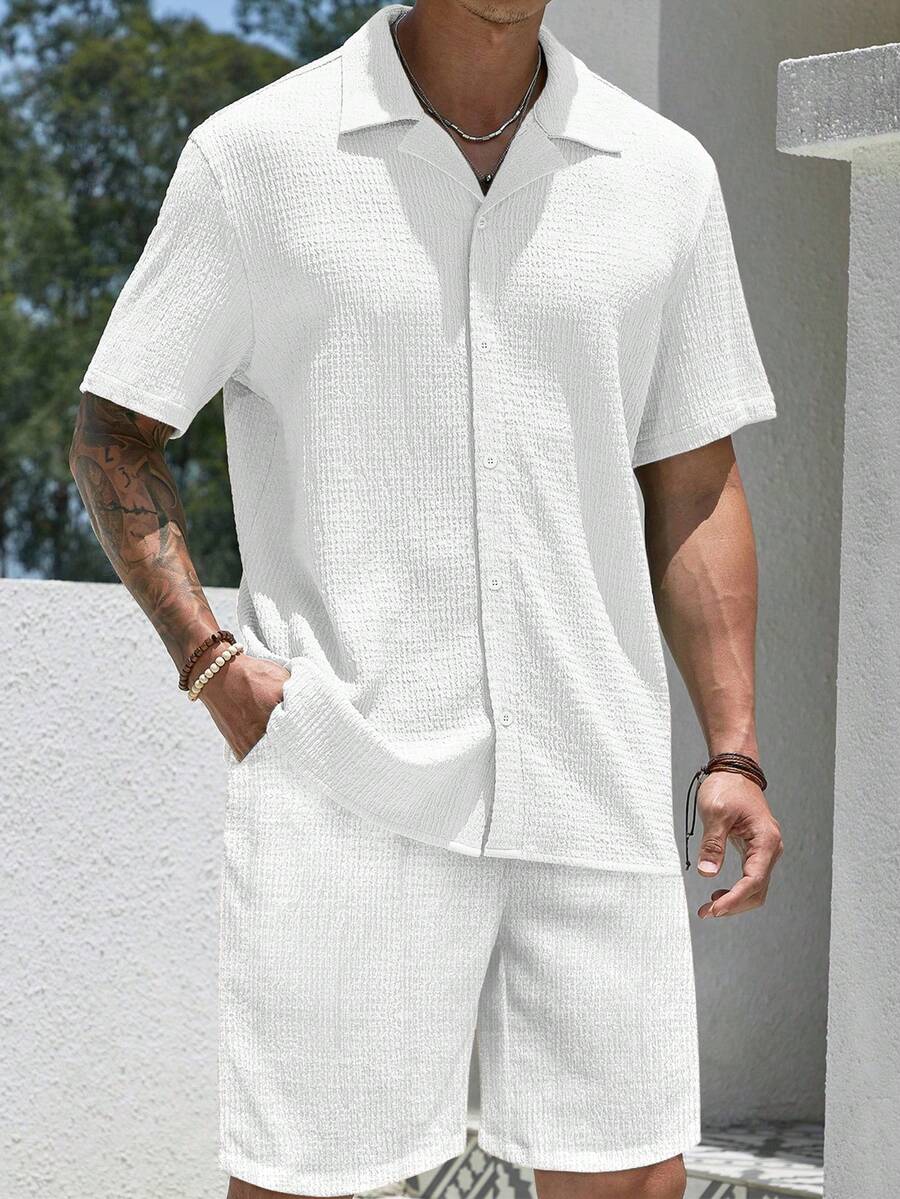 Mens Pant and Shirt Set Jacquard Short Sleeve Button-Up – Vornel