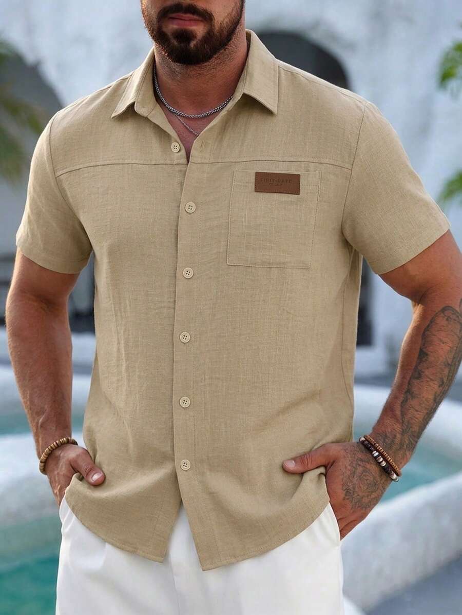 Mens Short Sleeve Button-Down Shirt Polyester Blend Regular Fit – Faldon