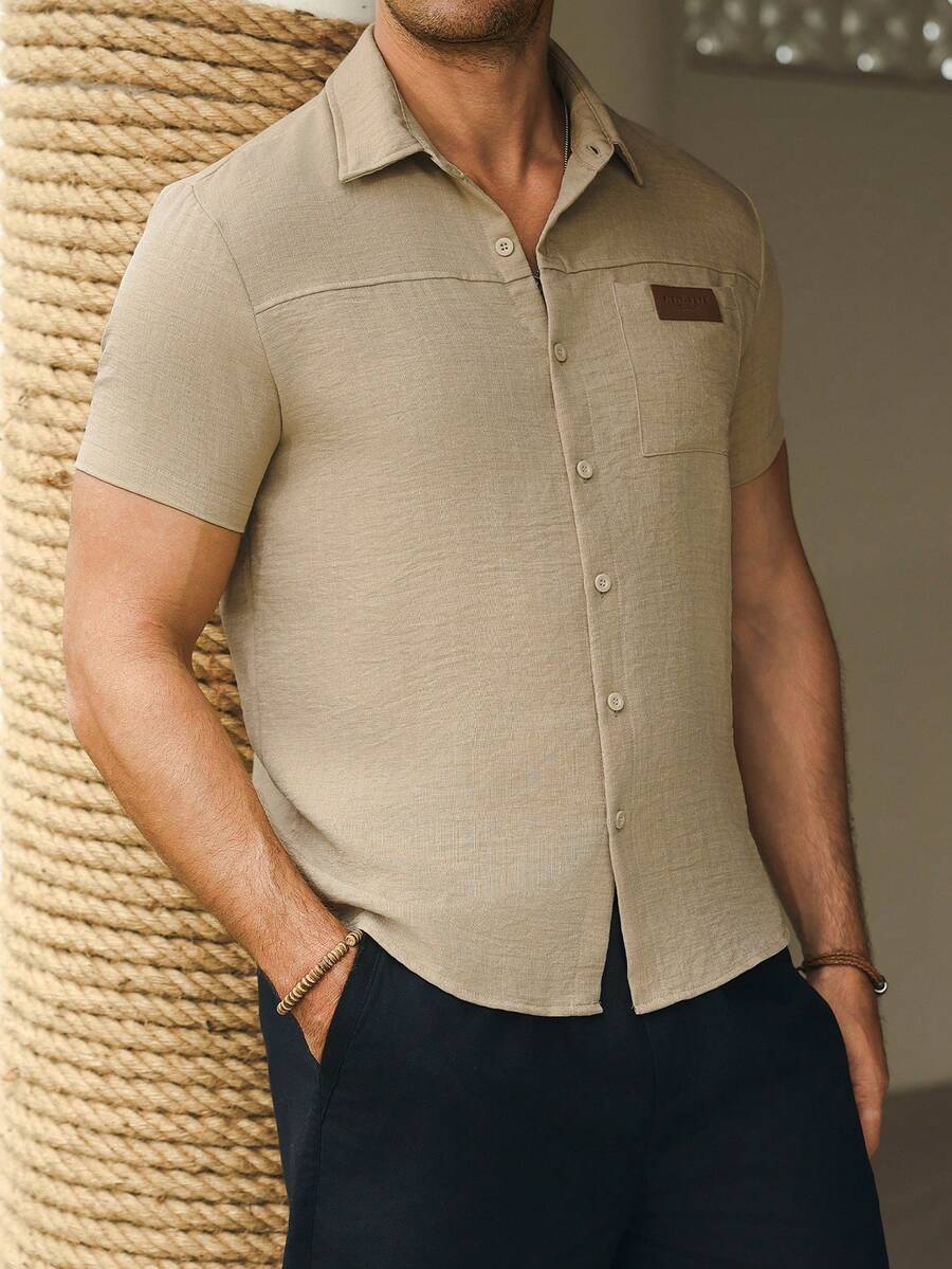 Mens Short Sleeve Button-Down Shirt Polyester Blend Regular Fit – Faldon