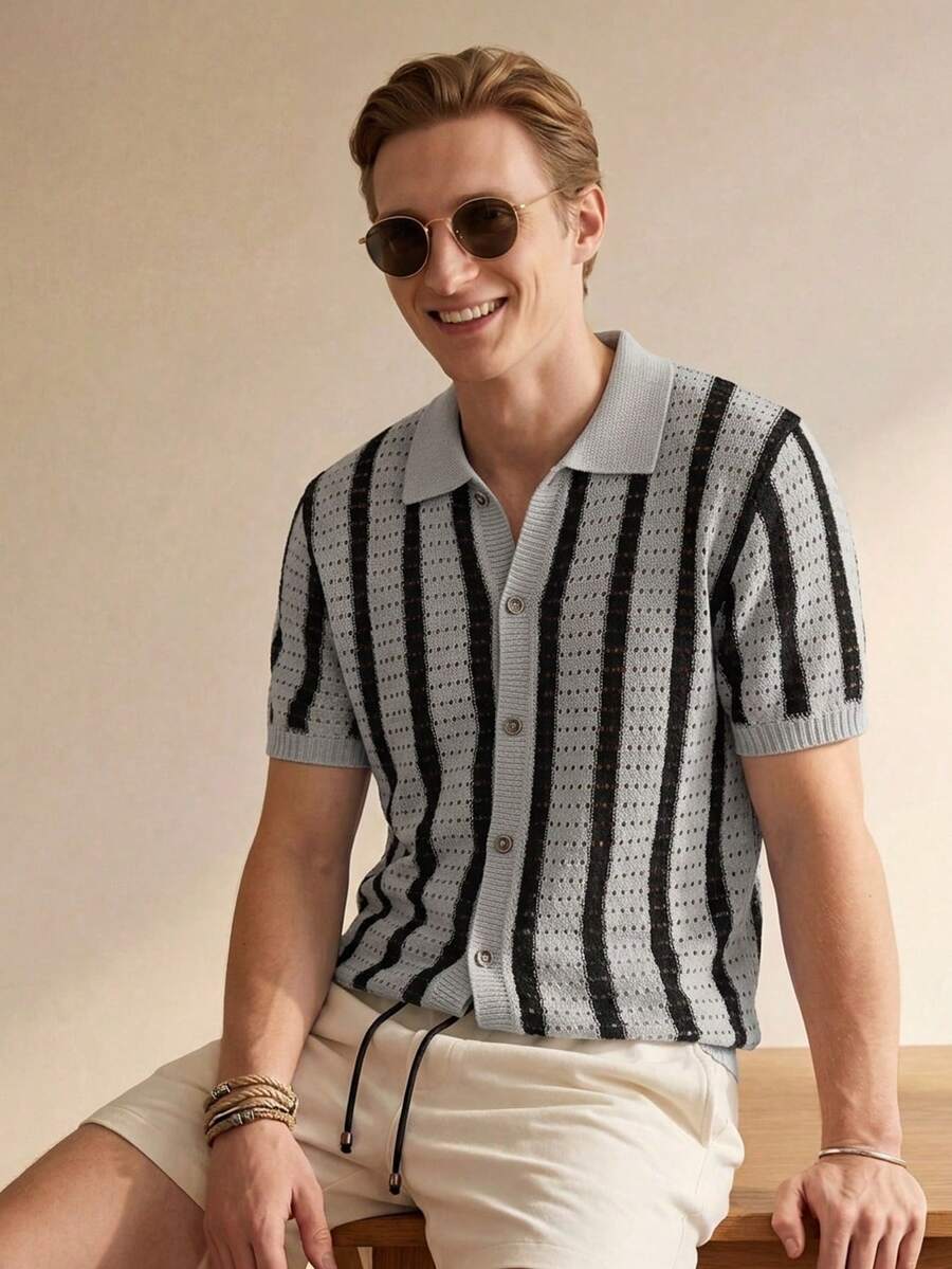 Mens Short Sleeve Crochet Knit Shirt Stripe Button Front – Vanto