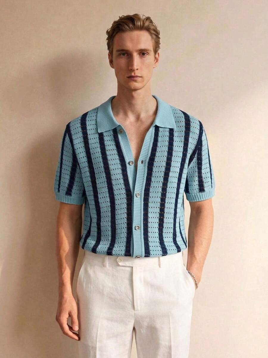Mens Short Sleeve Crochet Knit Shirt Stripe Button Front – Vanto