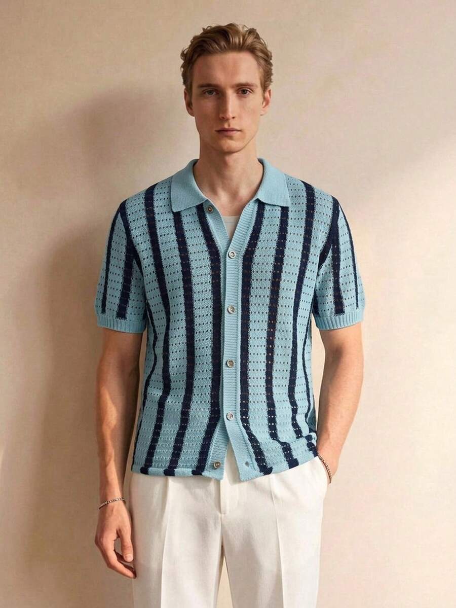Mens Short Sleeve Crochet Knit Shirt Stripe Button Front – Vanto