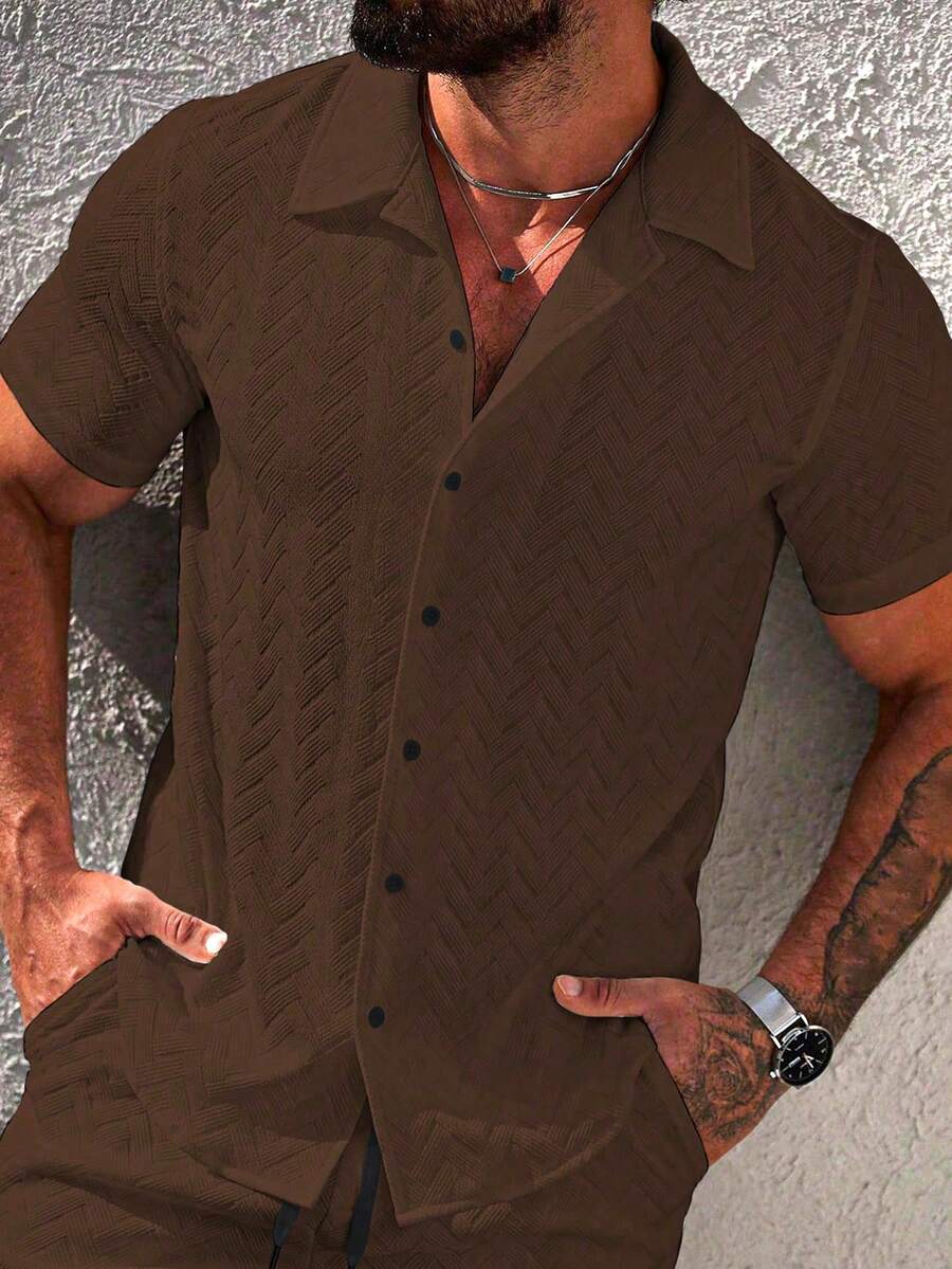 Mens Short Sleeve Shirt Solid Color Single-Breasted Casual – Vanto