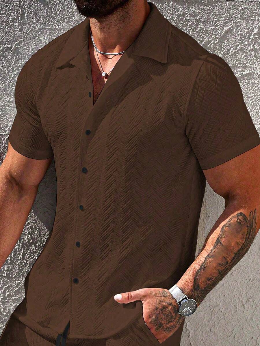 Mens Short Sleeve Shirt Solid Color Single-Breasted Casual – Vanto