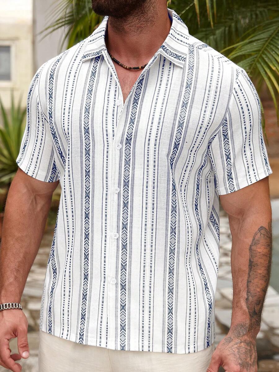 Mens Short Sleeve Button-Down Shirt Polyester Blend Regular Fit – Faldon