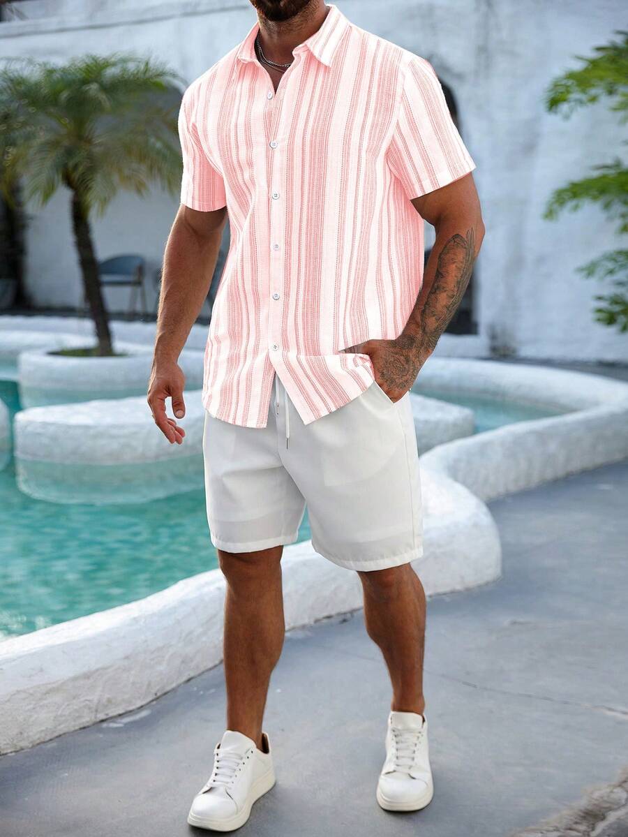Mens Short Sleeve Button-Down Shirt Polyester Blend Regular Fit – Faldon