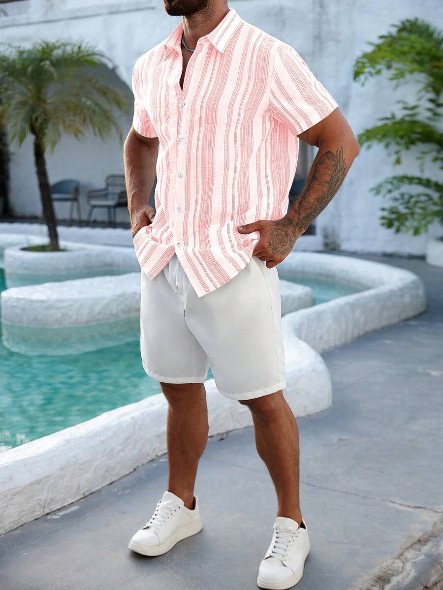 Mens Short Sleeve Button-Down Shirt Polyester Blend Regular Fit – Faldon