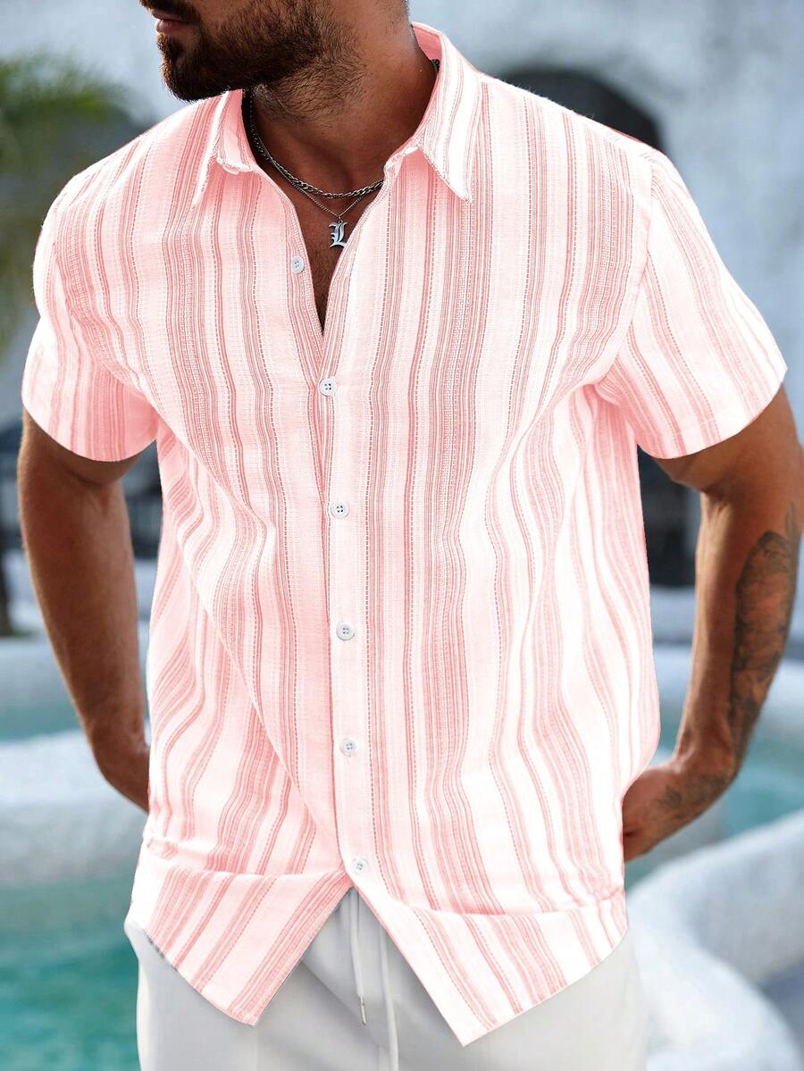 Mens Short Sleeve Button-Down Shirt Polyester Blend Regular Fit – Faldon