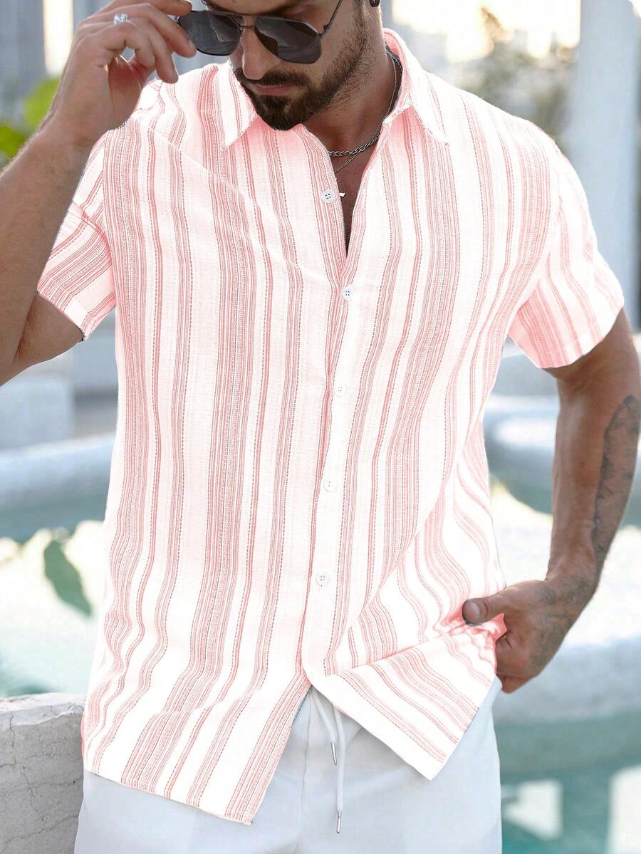 Mens Short Sleeve Button-Down Shirt Polyester Blend Regular Fit – Faldon