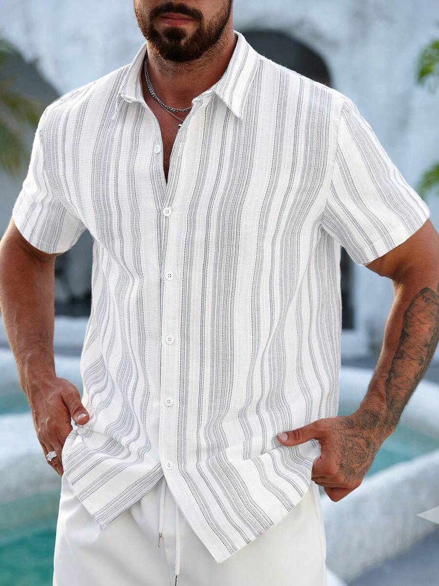 Mens Short Sleeve Button-Down Shirt Polyester Blend Regular Fit – Faldon
