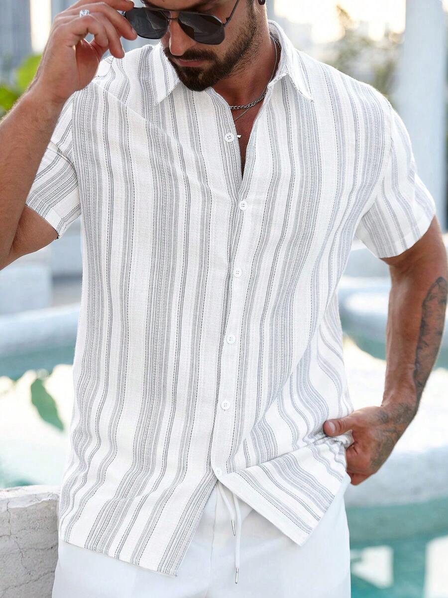 Mens Short Sleeve Button-Down Shirt Polyester Blend Regular Fit – Faldon