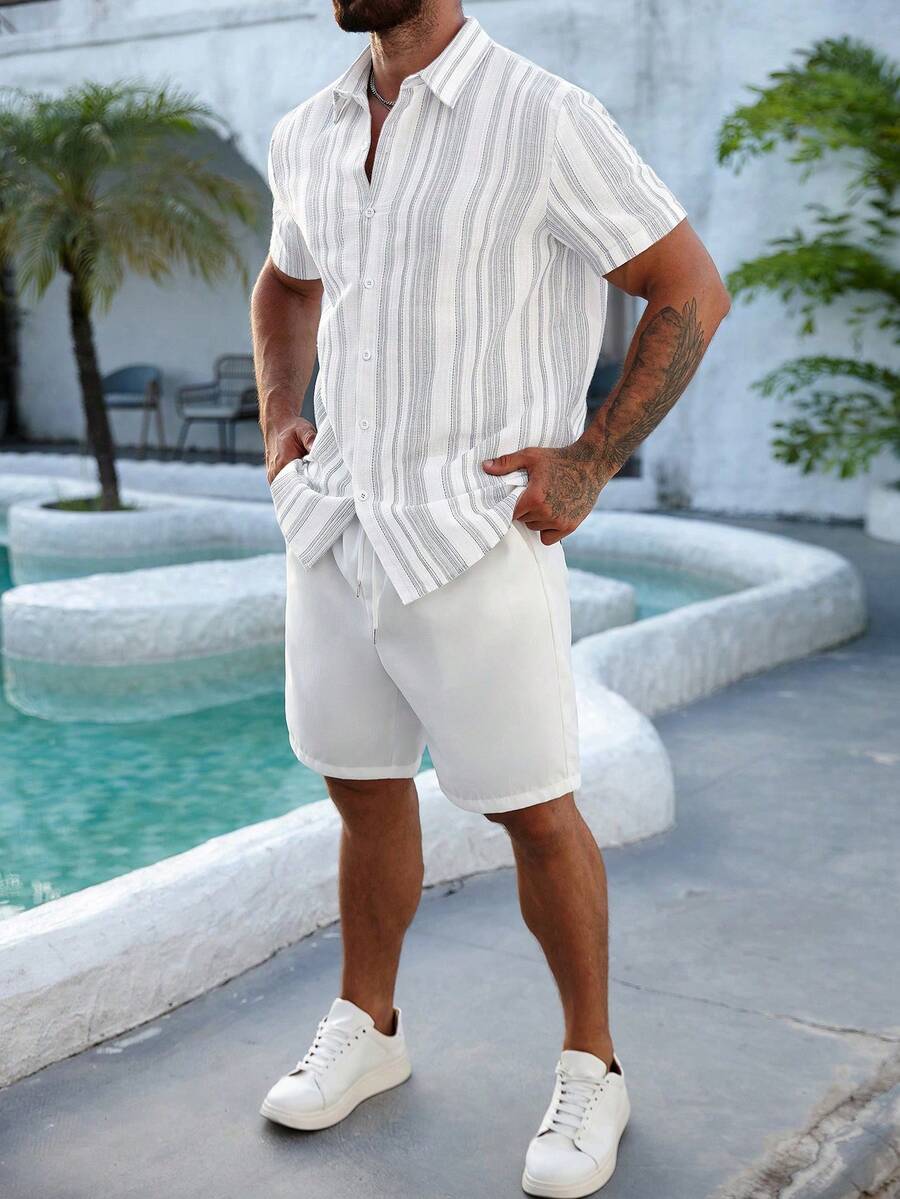 Mens Short Sleeve Button-Down Shirt Polyester Blend Regular Fit – Faldon