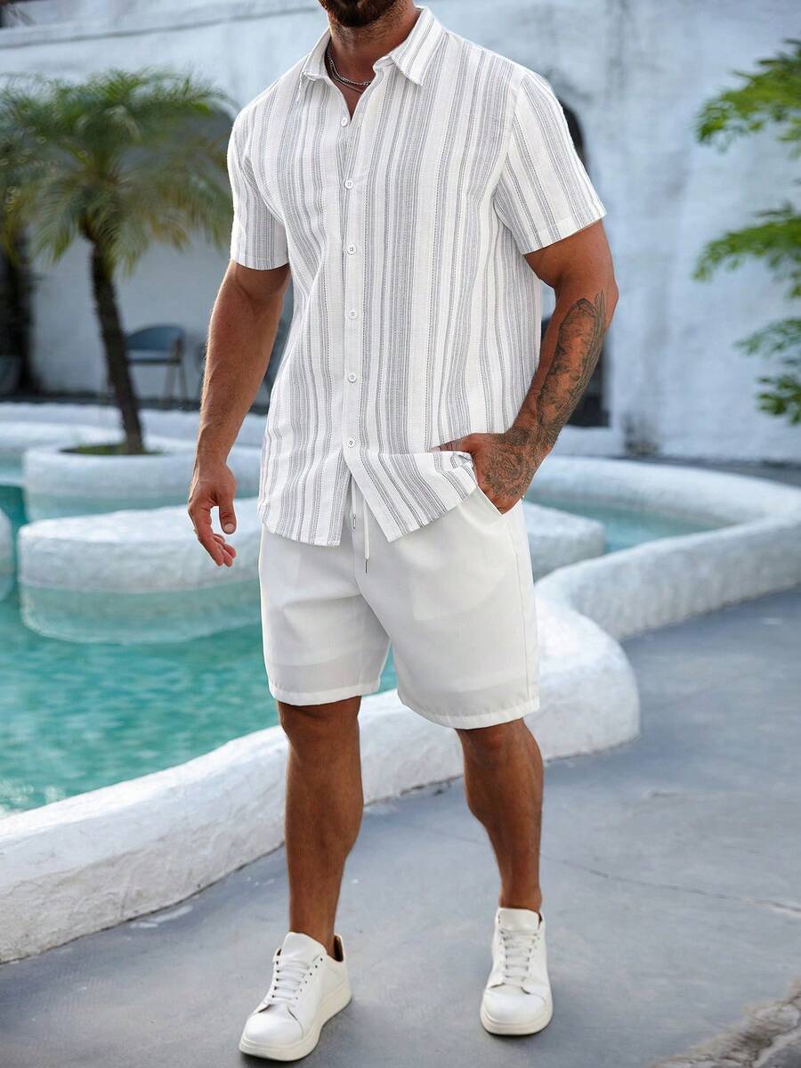 Mens Short Sleeve Button-Down Shirt Polyester Blend Regular Fit – Faldon
