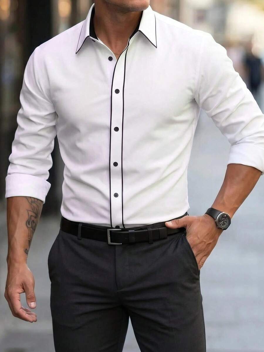 Shirt Shop Stand Collar Button-Up Long Sleeve Polyester Stretch – Marvo