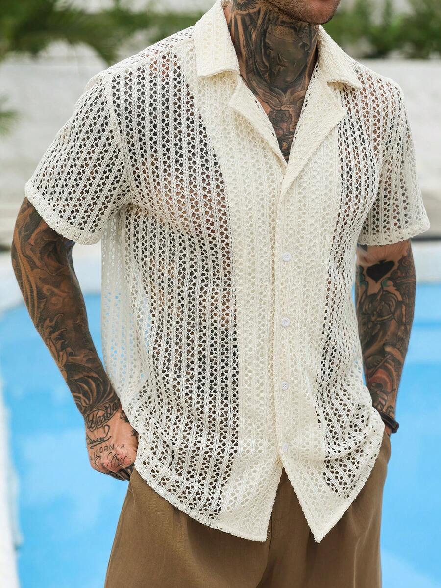 Mens Short Sleeve Crochet Knit Shirt Open Weave Casual Summer