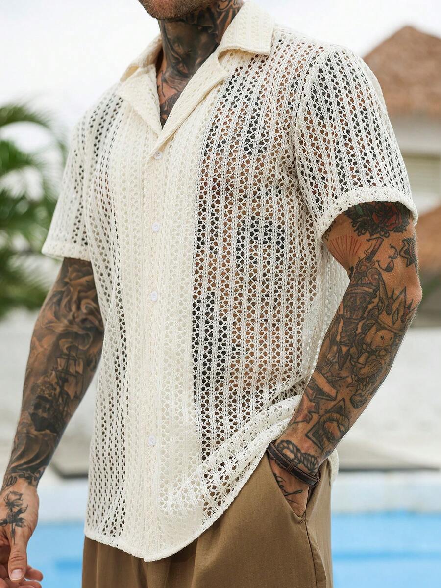 Mens Short Sleeve Crochet Knit Shirt Open Weave Casual Summer