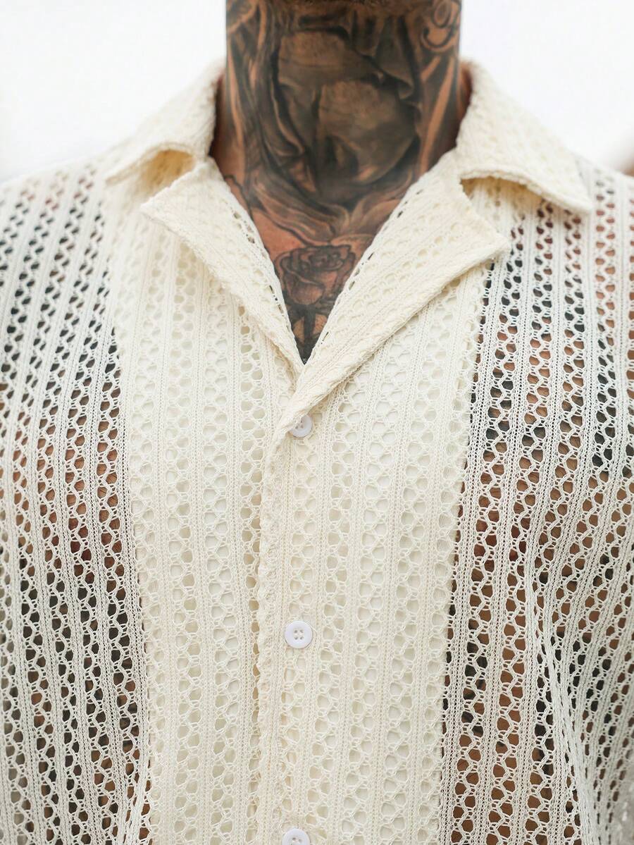 Mens Short Sleeve Crochet Knit Shirt Open Weave Casual Summer