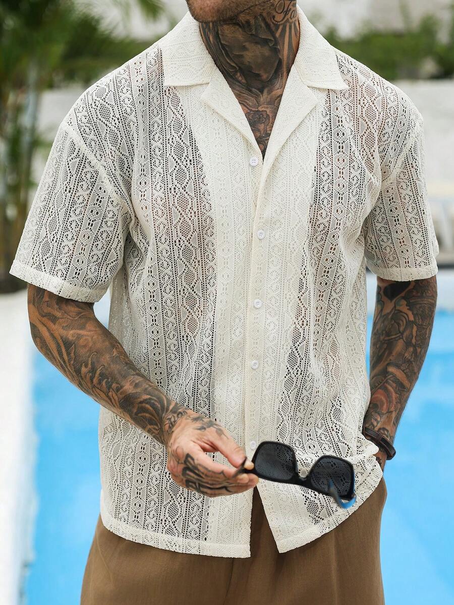 Mens Short Sleeve Crochet Shirt Jacquard Stripe Loose Fit – Darco