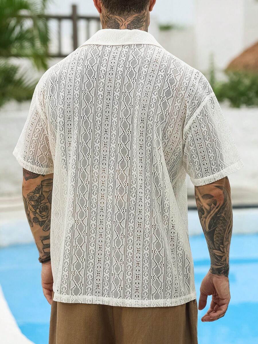 Mens Short Sleeve Crochet Shirt Jacquard Stripe Loose Fit – Darco