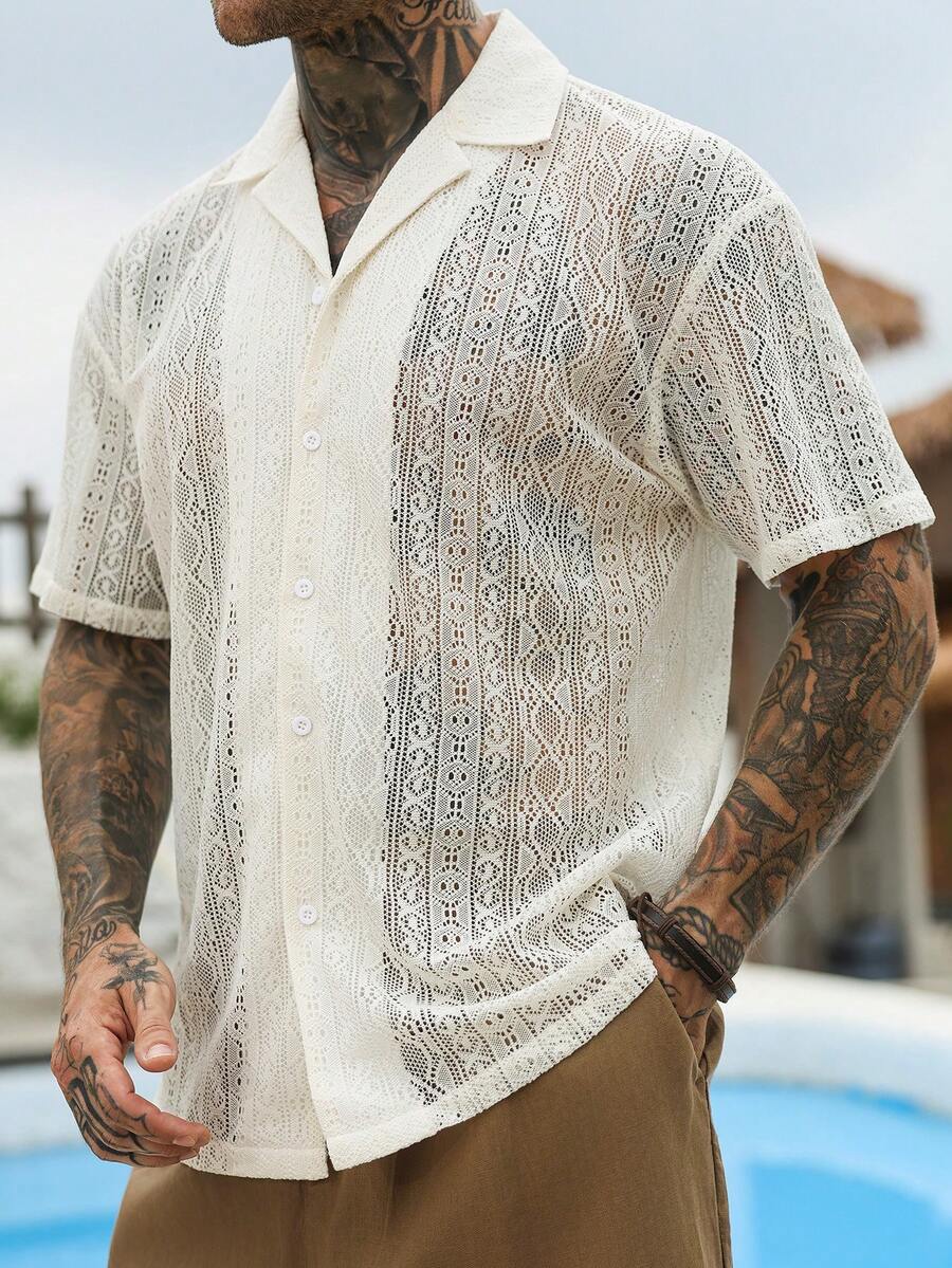 Mens Short Sleeve Crochet Shirt Jacquard Stripe Loose Fit – Darco