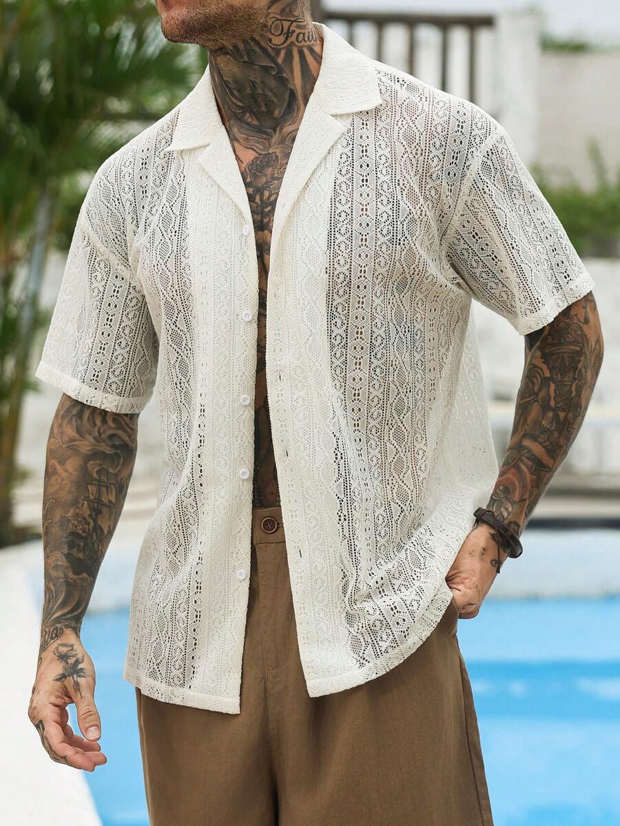 Mens Short Sleeve Crochet Shirt Jacquard Stripe Loose Fit – Darco
