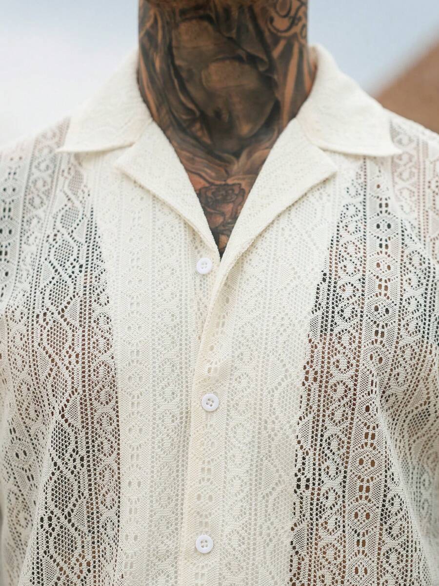 Mens Short Sleeve Crochet Shirt Jacquard Stripe Loose Fit – Darco
