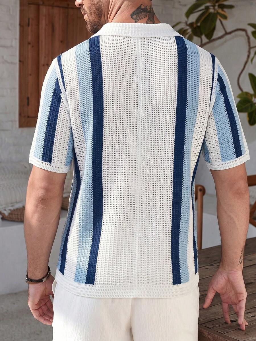 Mens Short Sleeve Crochet Knit Shirt Stripe Button Front – Vanto
