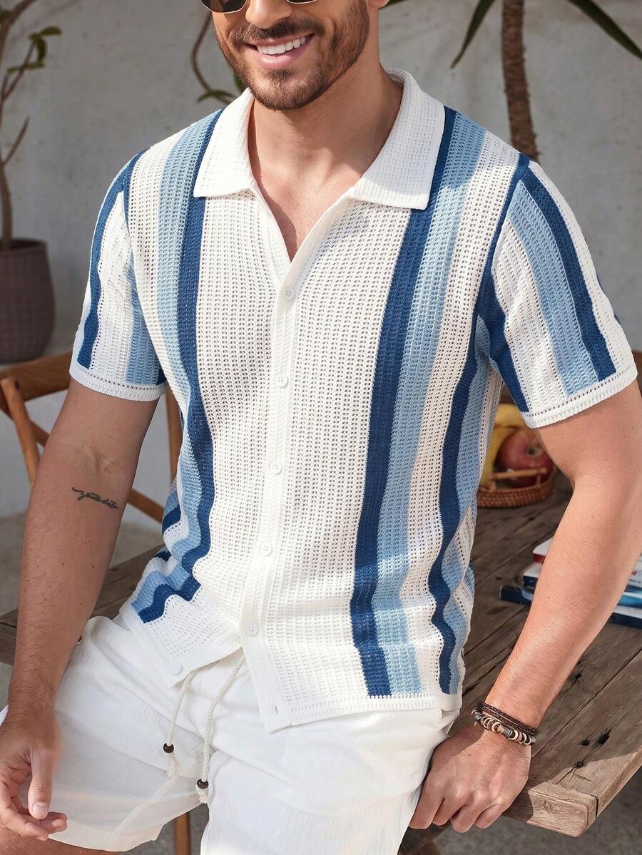 Mens Short Sleeve Crochet Knit Shirt Stripe Button Front – Vanto