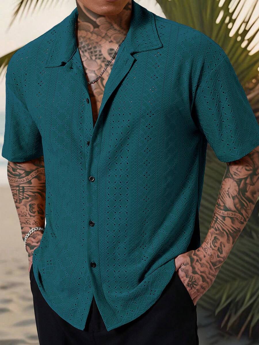 Mens Short Sleeve Crochet Shirt Jacquard Stripe Loose Fit – Darco