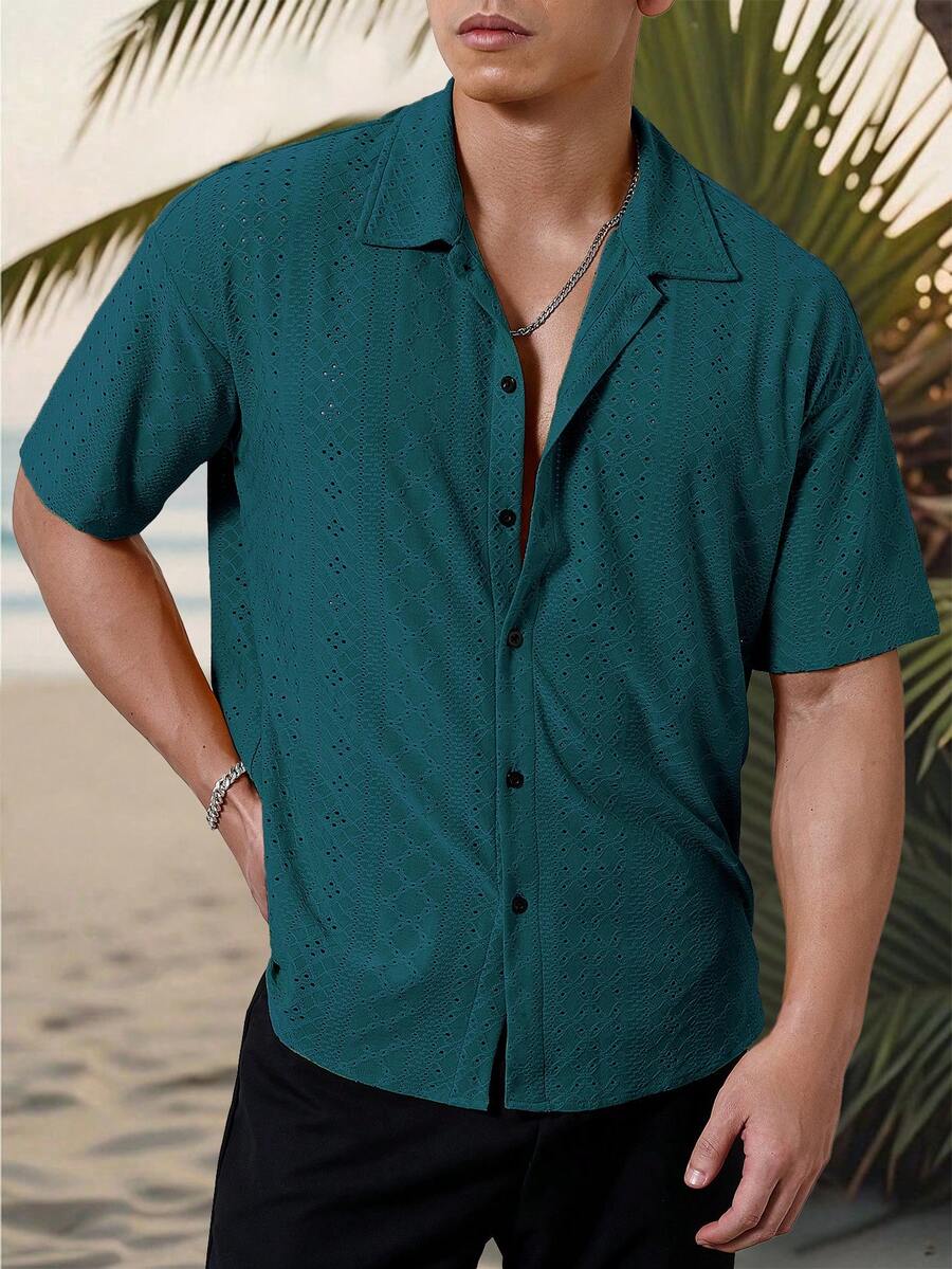 Mens Short Sleeve Crochet Shirt Jacquard Stripe Loose Fit – Darco