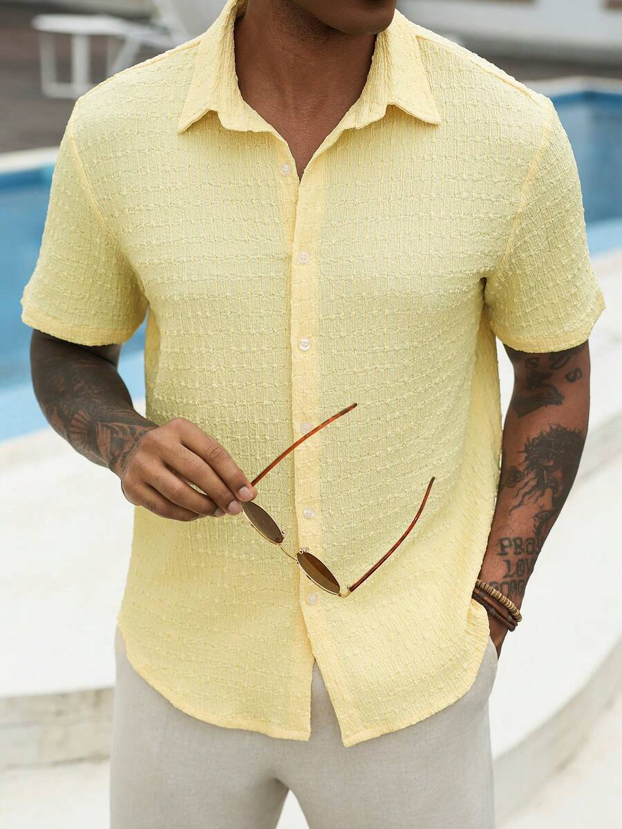 Mens Short Sleeve Crochet Knit Shirt Open Weave Casual Summer