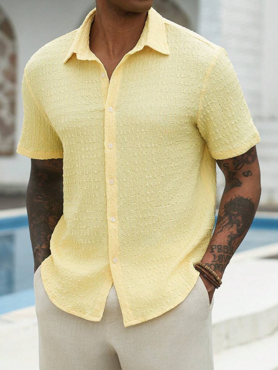 Mens Short Sleeve Crochet Knit Shirt Open Weave Casual Summer