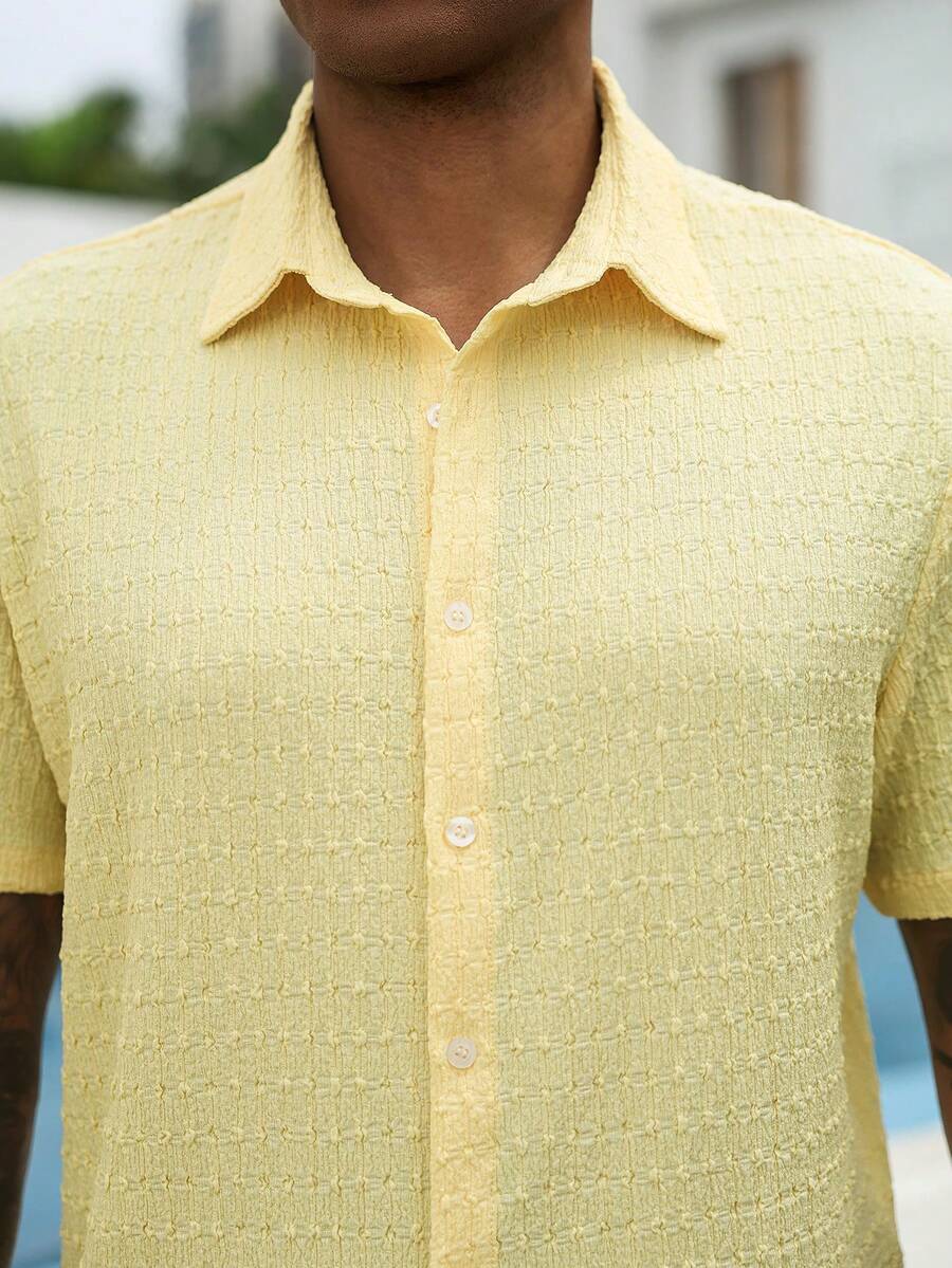 Mens Short Sleeve Crochet Knit Shirt Open Weave Casual Summer