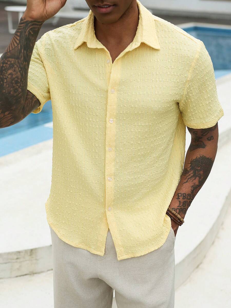 Mens Short Sleeve Crochet Knit Shirt Open Weave Casual Summer