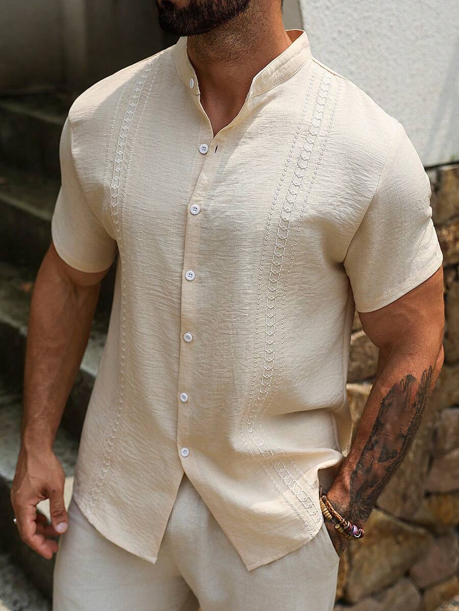 Mens Short Sleeve Button-Down Shirt Polyester Blend Regular Fit – Faldon
