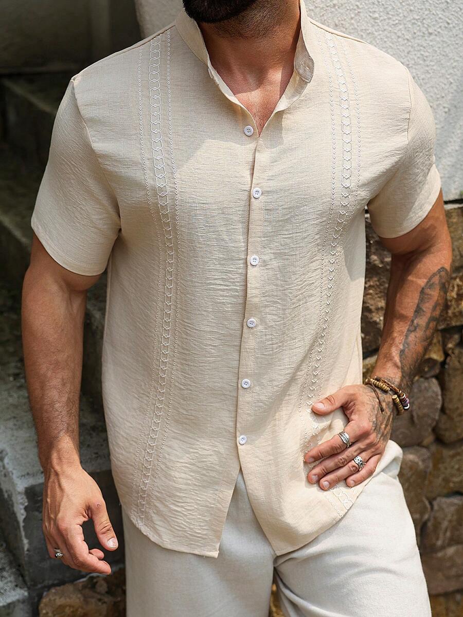 Mens Short Sleeve Button-Down Shirt Polyester Blend Regular Fit – Faldon