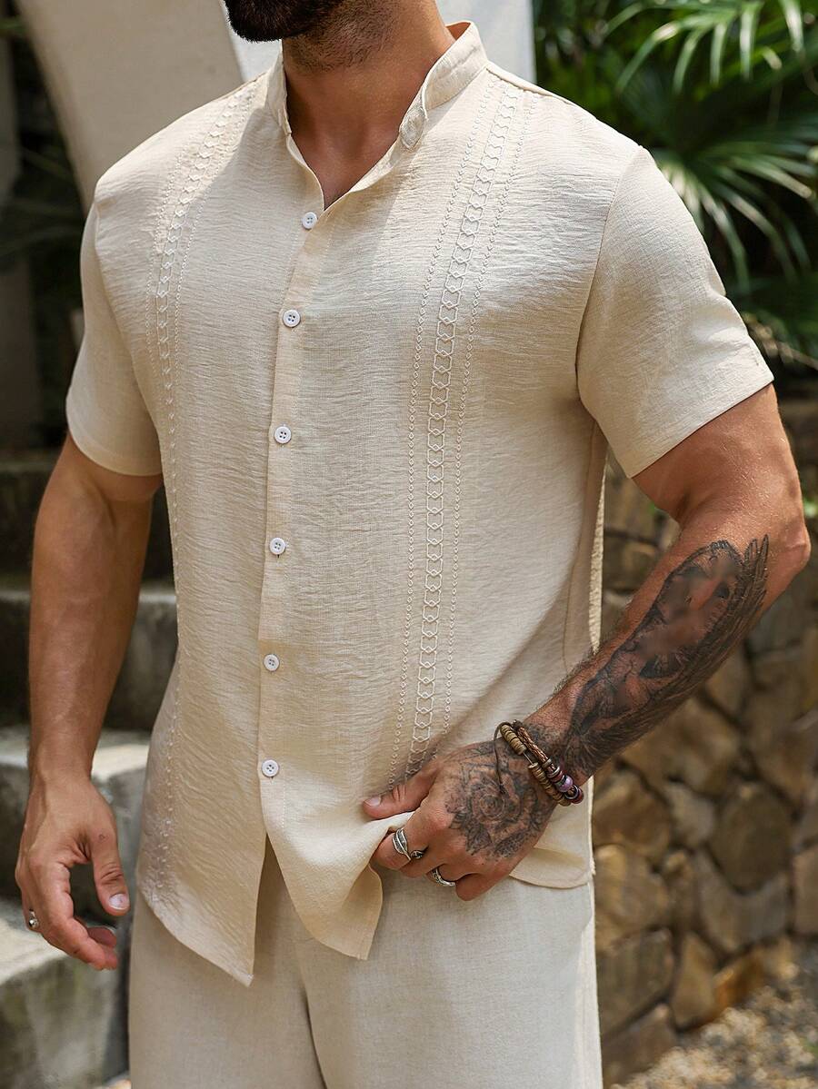 Mens Short Sleeve Button-Down Shirt Polyester Blend Regular Fit – Faldon