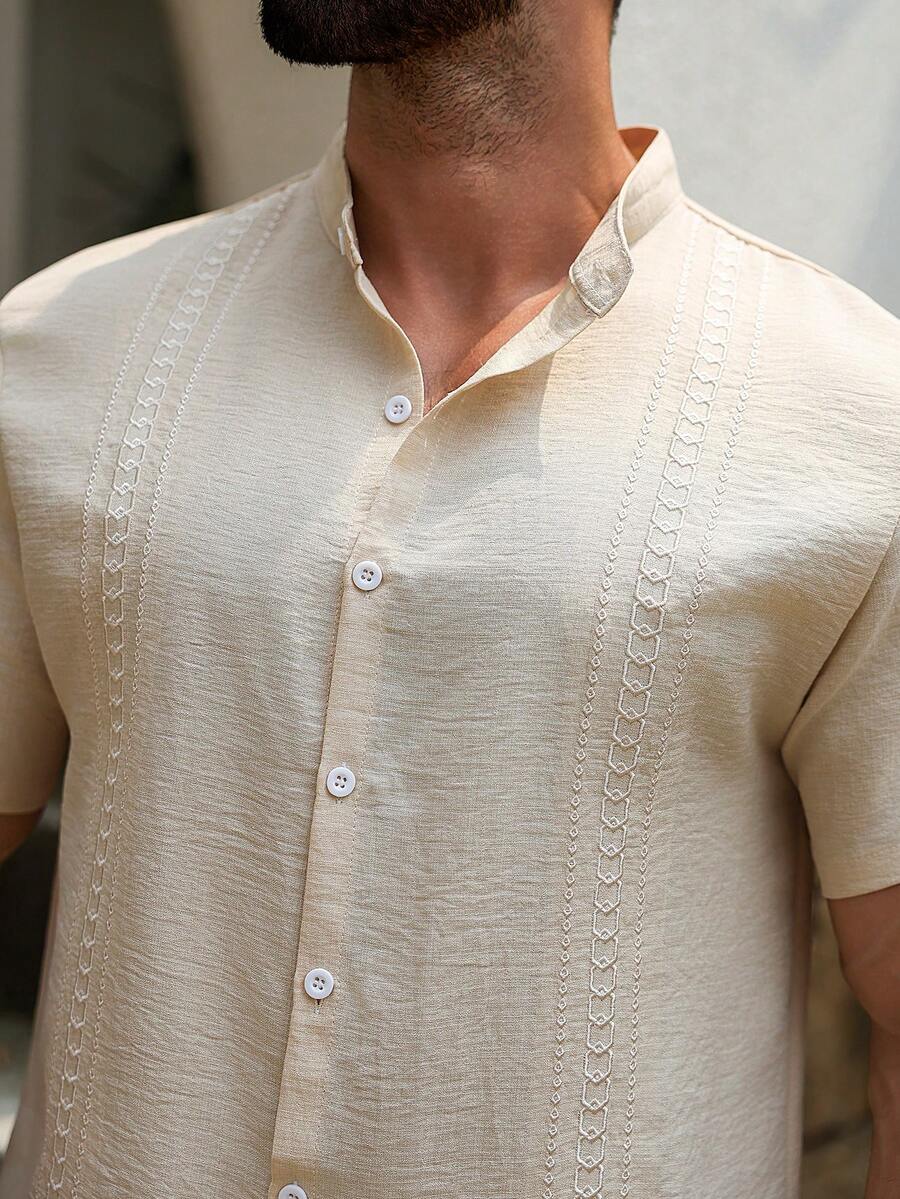 Mens Short Sleeve Button-Down Shirt Polyester Blend Regular Fit – Faldon