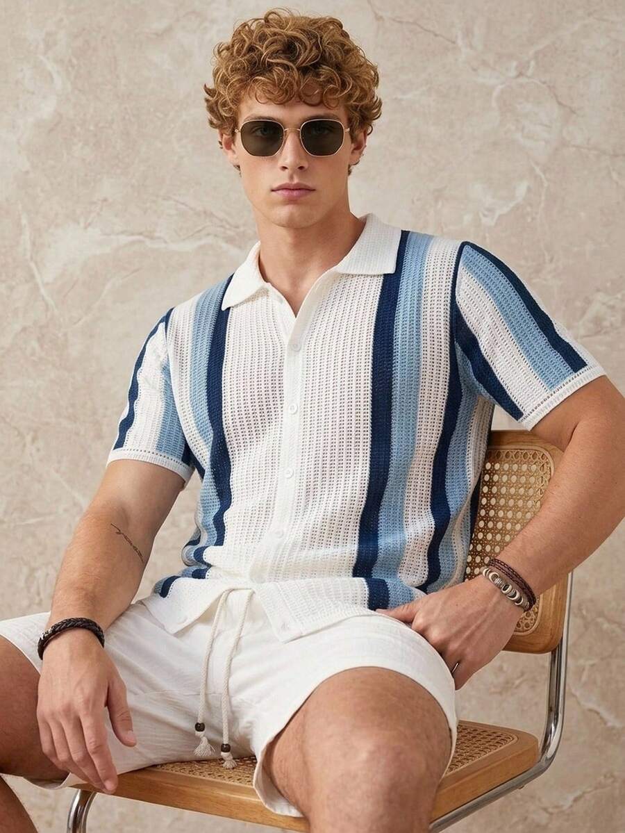 Mens Short Sleeve Crochet Knit Shirt Stripe Button Front – Vanto
